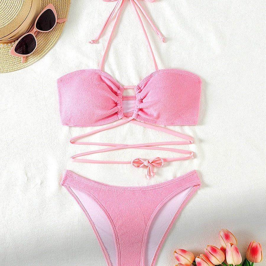 Split Swimsuit Women Hollow Out Cutout Sexy Bikini Triangle Two Piece Set Lace up Solid Color Bella Mia